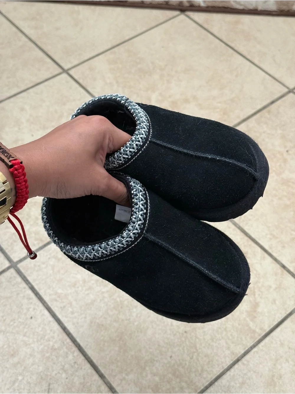 Kids UGG Black Suede Slip-On Clog with Braided Trim